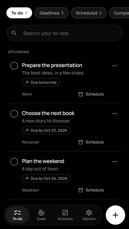 Joria to-do list with due dates and a button to schedule each task