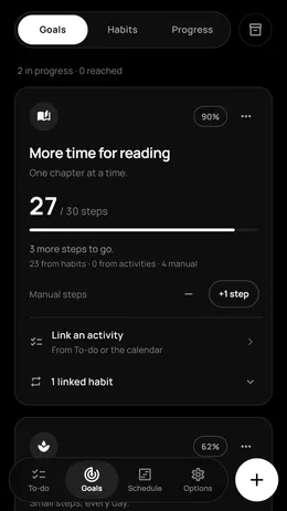 Joria goal card showing 27 of 30 steps completed