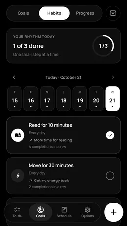 Joria habits screen with the week strip and daily check-offs